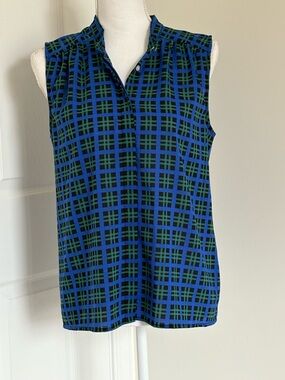 J. Crew Green and Blue Plaid Sleeveless Henley Top
